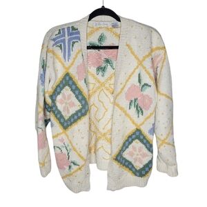Vintage 90s Heirlooms Hand Knit Floral Argyle Sweater Cardigan Size Medium